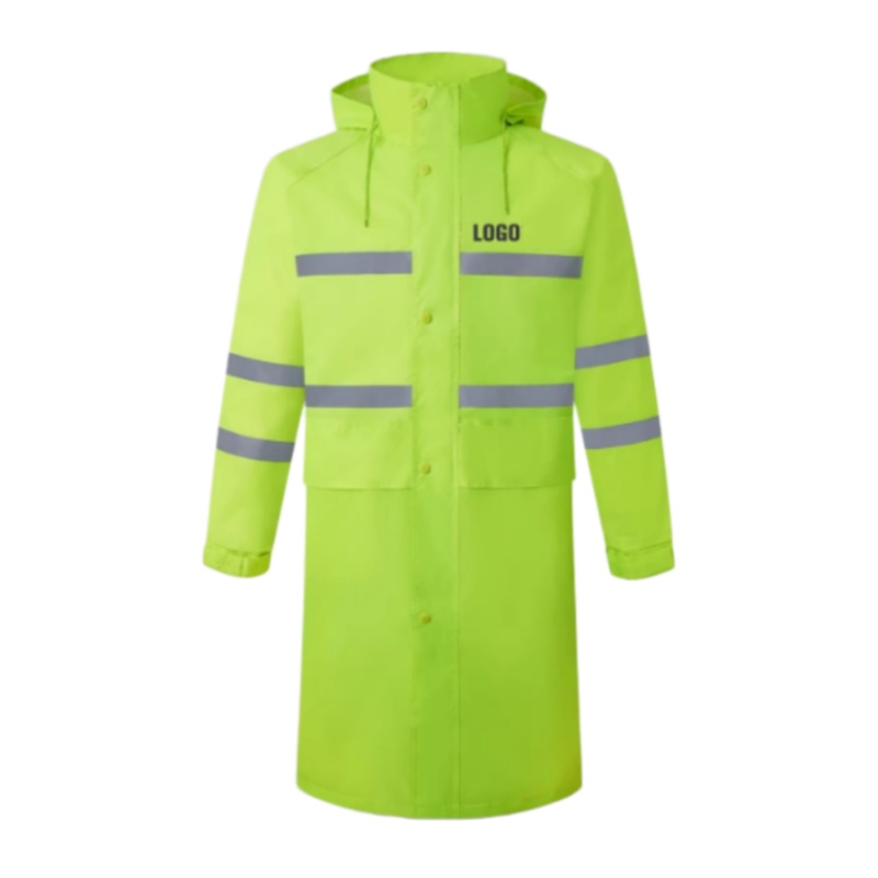 螢光黃長款雙道反光帶連帽防水雨衣