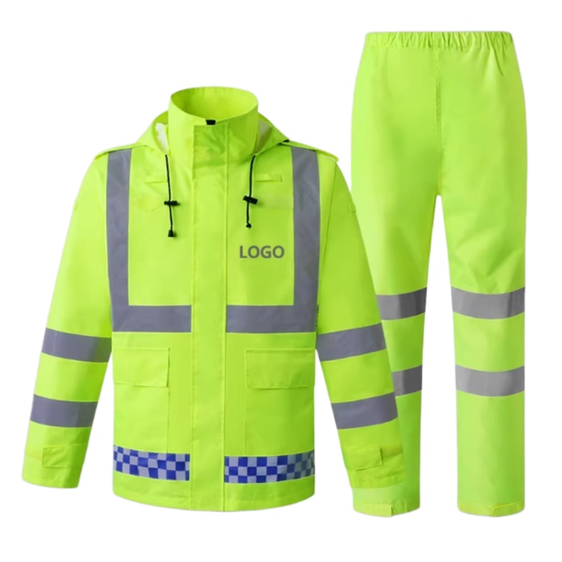 螢光黃藍格紋反光帶防水外套套裝（連褲）