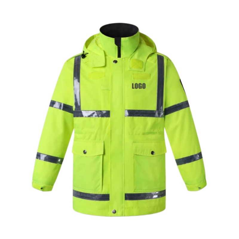 螢光黃多口袋連帽防水反光工程外套