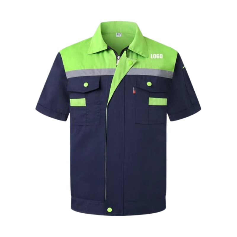 螢光綠藏青拼色短袖工作外套