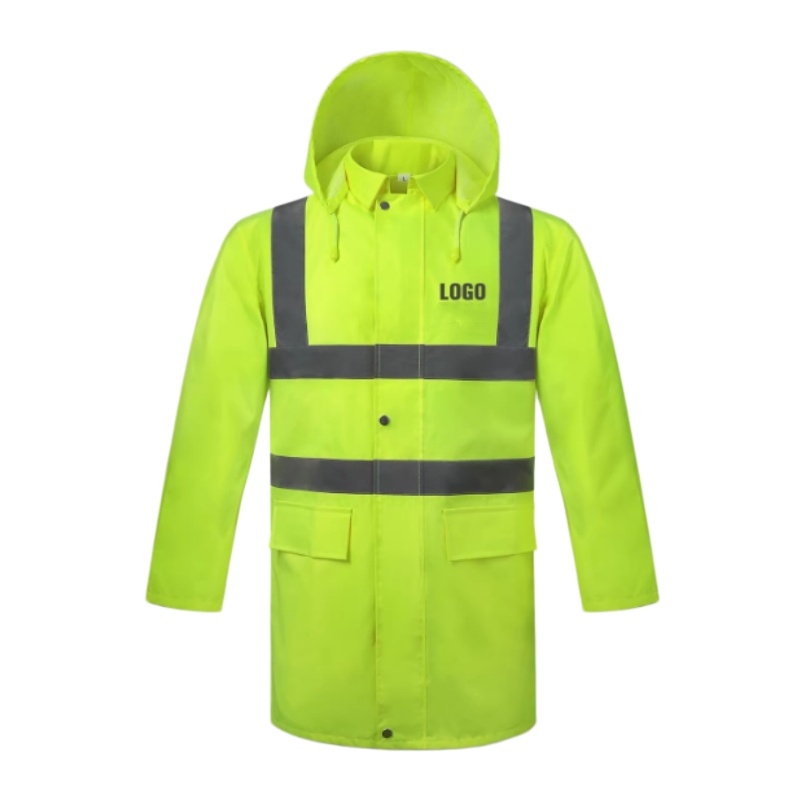 螢光黃連帽中長款防水反光雨衣