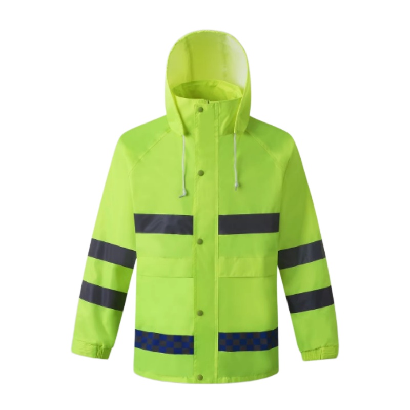 螢光黃藍格格紋反光帶連帽工程外套